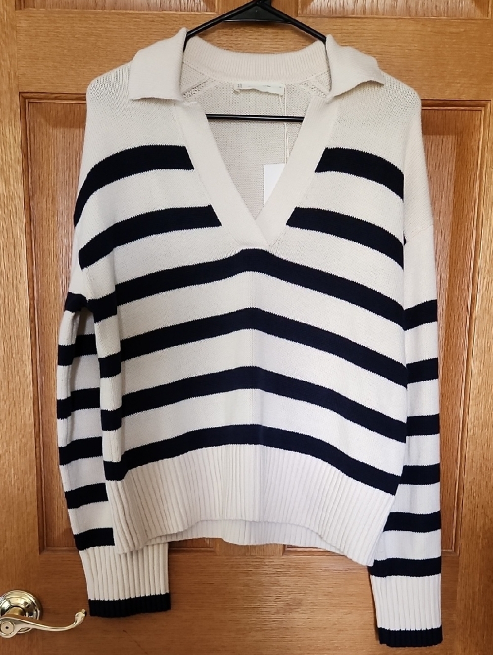 Everlane Cream and Black Striped Collared V-Neck Sweater, Size M